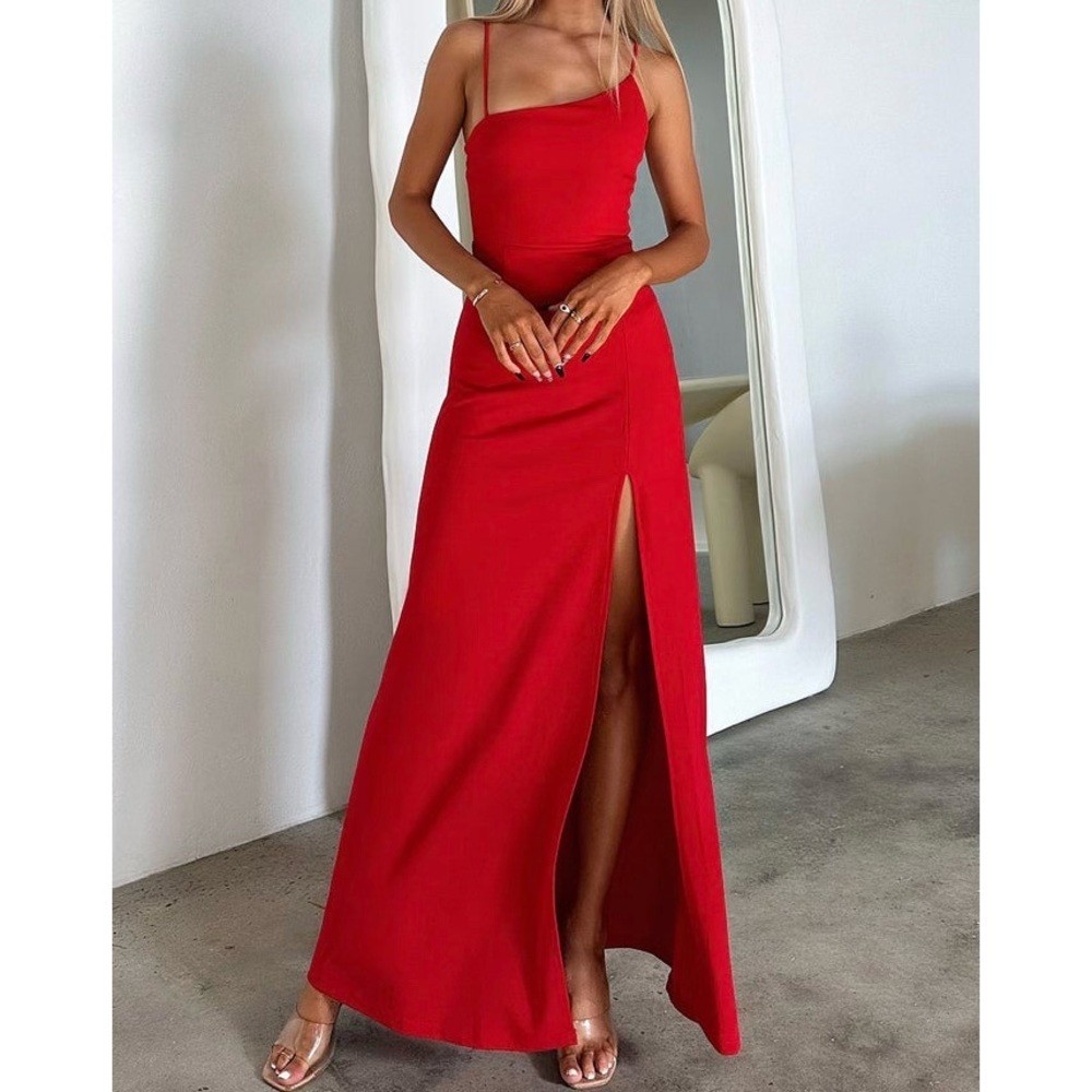 THATS SO FETCH Kira Maxi Dress Red Asymmetrical Neckline NWT 0